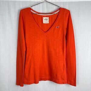 Vintage Y2K Hollister Top V-Neck Long Sleeve Tee Preppy Cotton Orange Fall